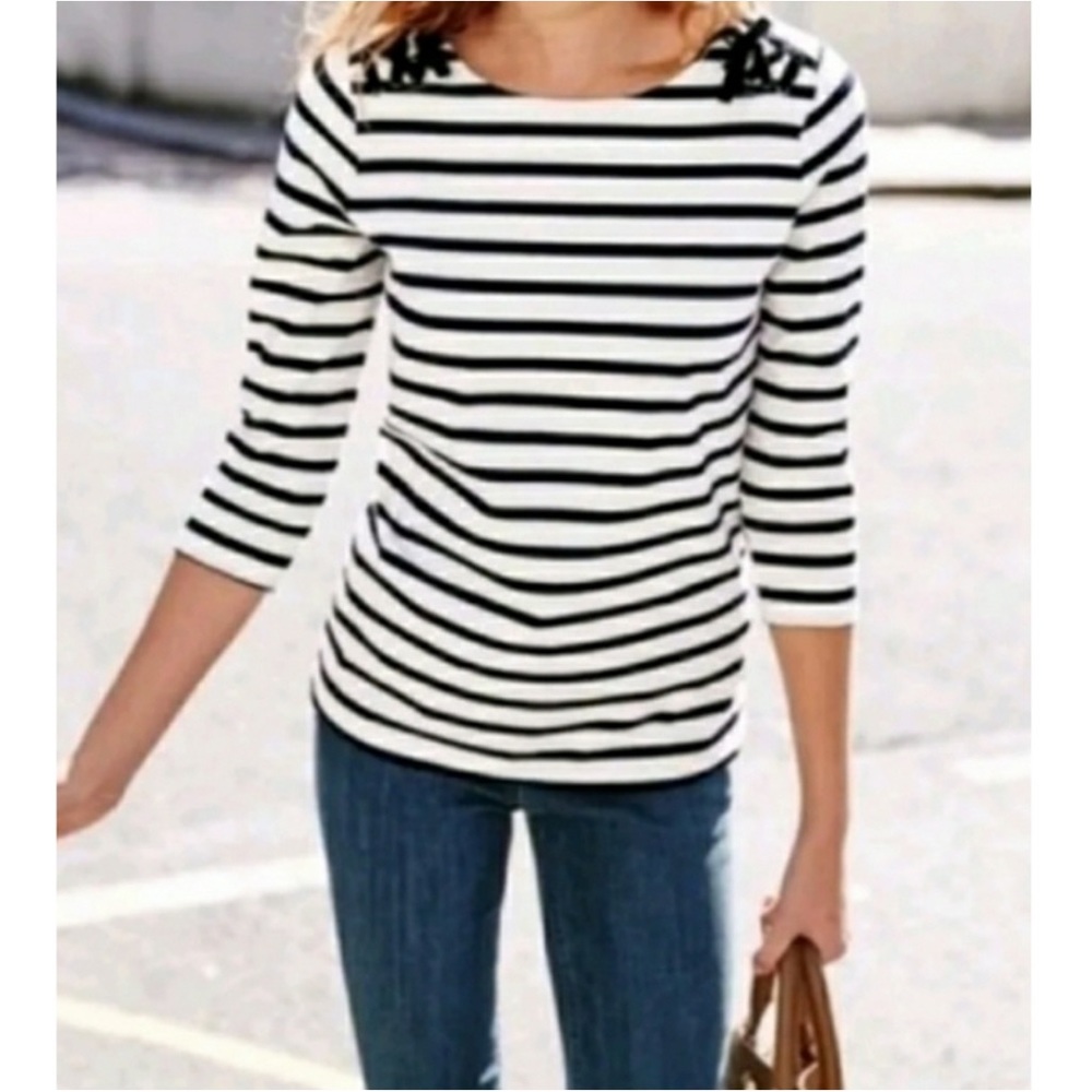 Striped Black & White Boatneck 3/4 Sleeve Top - Women